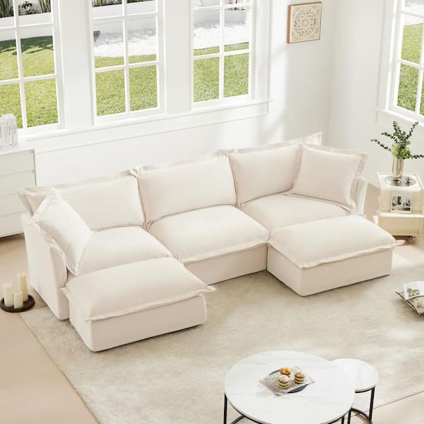 120 in Wide Straight Arm Chenille U-shaped Reclining Sofa with French Edges Design Multiple Big Pillows in Cream
