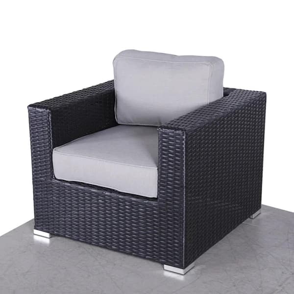 Brown Wicker Outdoor Lounge Chair Patio Dining Chair with Gray Cushions