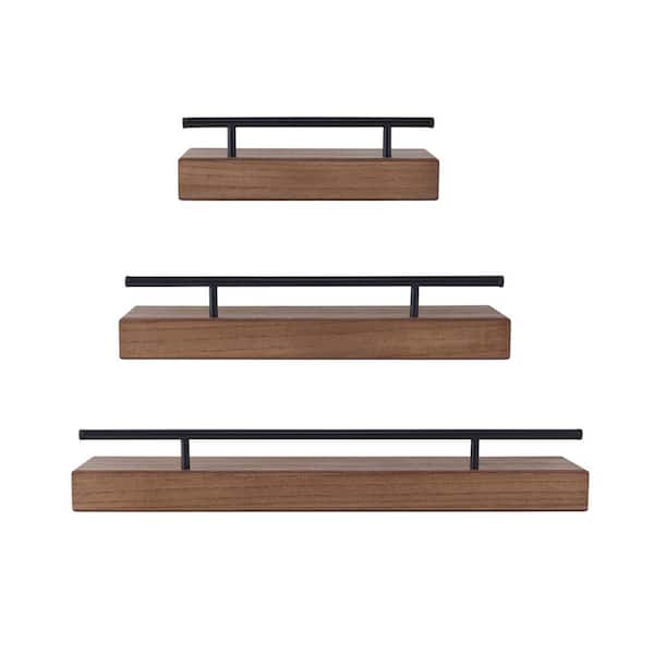 Melannco Set of 3-Natural Floating Shelves with Metal Rail, 12 in. 18 in. 24 in.