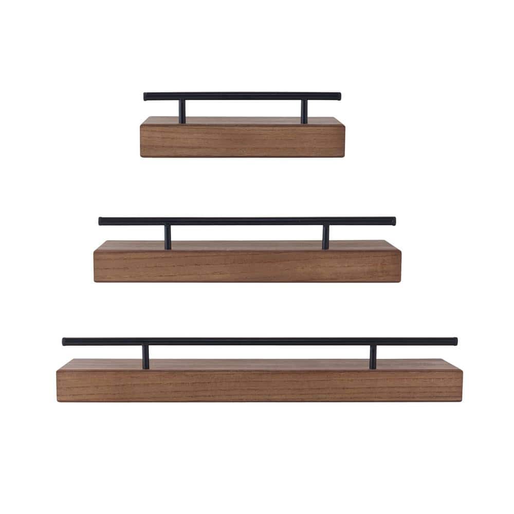 Rustic Natural Wood 3-Piece Floating Wall Shelf Set with Metal Railing