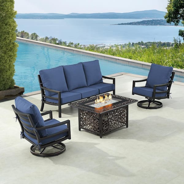 Oakland Living Black 5-Piece Aluminum Patio Fire Pit with Deep Seating Sofa and 2-Club Chairs Blue Cushions