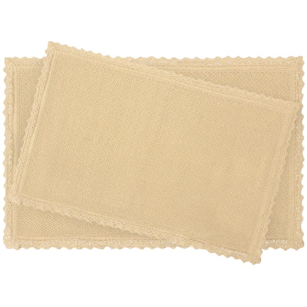 Laura Ashley Reversible Crochet Beaded 17 in. x 24 in./20 in. x 34 in. Bath Rug Set, Linen
