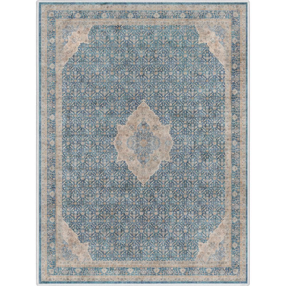 Asha Lilith Blue Chenille Oriental Washable Area Rug 3' x 5'
