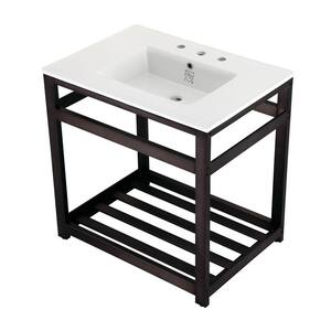 31 in. Ceramic Console Sink (8 in. in 3-Hole) with Stainless Steel Base in Oil Rubbed Bronze
