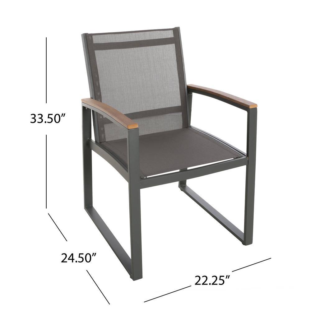 Aubrey Gray Aluminum Outdoor Dining Chairs with Faux Wood Accents, Set of 2