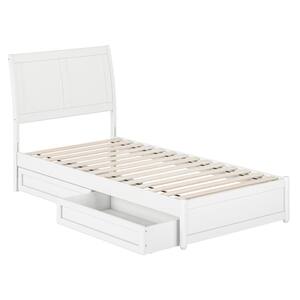 Andorra White Solid Wood Frame Twin XL Platform Bed with Panel Footboard and Storage-Drawers