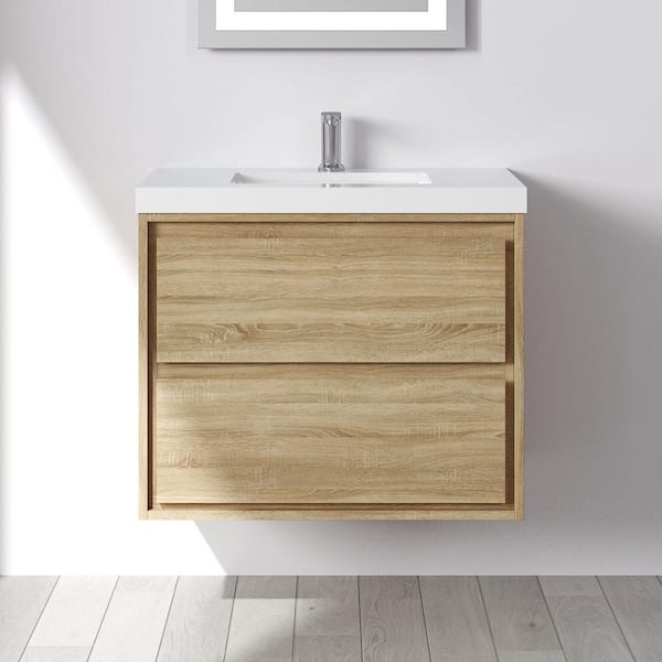 Purus 30 in. W Single Sink Wall Mounted Bath Vanity in Natural Oak with White Cultured Marble Top