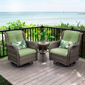 3-Piece Wicker Patio Swivel Outdoor Rocking Chair Set with Green Cushions and Table