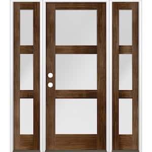 64 in. x 80 in. Modern Douglas Fir 3-Lite Right-Hand/Inswing Frosted Glass Provincial Stain Wood Prehung Front Door