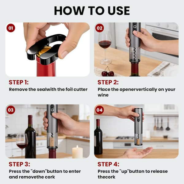 Matte Black Black Electric Wine Opener Set with Charging Base with Charging Base Foil Cutter Aerator and Vacuum Stoppers