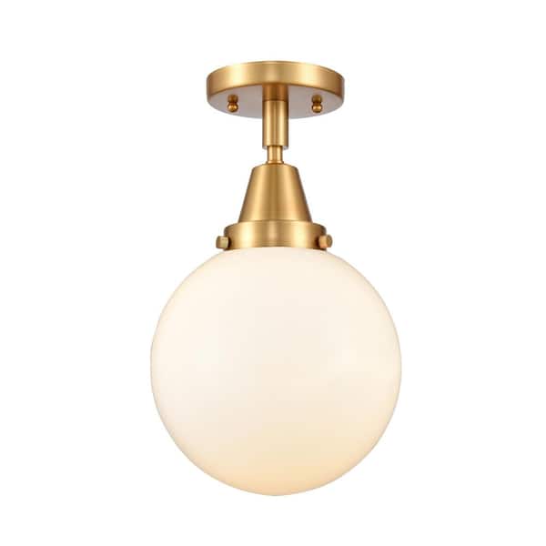 Beacon 8 in. 1-Light Satin Gold Industrial Flush Mount with Seeded Glass Shade