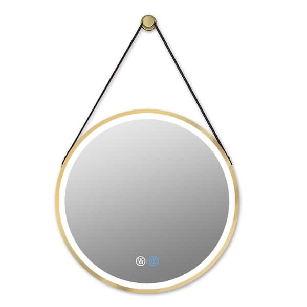 HBEZON 32 in. W x 32 in. H Round Large Framed 3-Color LED Light and Anti-Fog Deco Strip Wall Bathroom Vanity Mirror in Gold