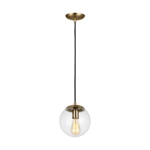 Leo Hanging Globe 8 in. 1-Light Satin Brass Pendant with Clear Seeded Glass Shade