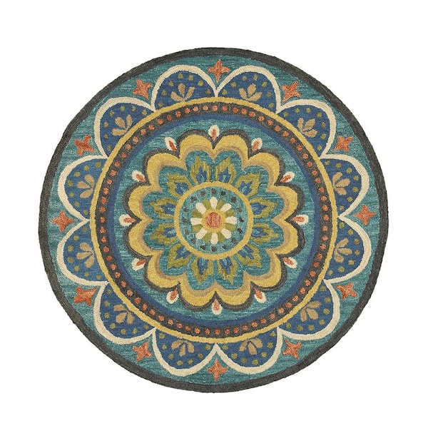 Daliah Teal/Multicolor 5 ft. Round Contemporary Hand-Tufted Floral Wool Indoor Area Rug