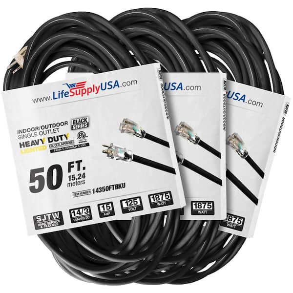 LifeSupplyUSA 50 ft. 14-Gauge/3-Conductors SJTW 15 Amp Indoor/Outdoor Extension Cord with Lighted End Black (3-Pack)