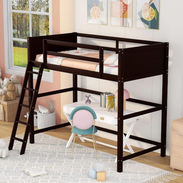 URTR Twin Size High Loft Bed with Ladder for Kids Bedroom,Solid Wood Bed Frame with Guardrails,Space Saving Design,Espresso