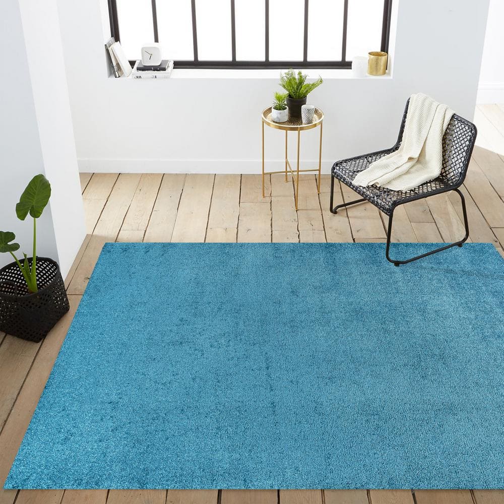 Turquoise Reversible Solid Synthetic Low-Pile Area Rug