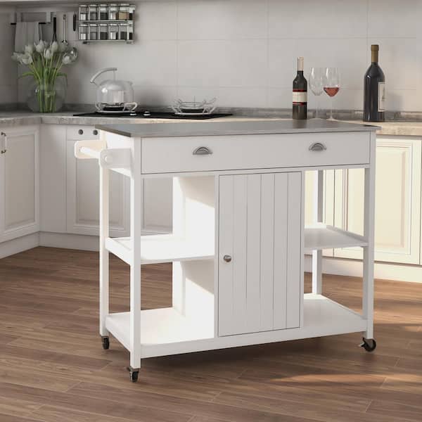 Tileon White MDF Kitchen Cart with Stainless Steel Top and Adjustable Shelf