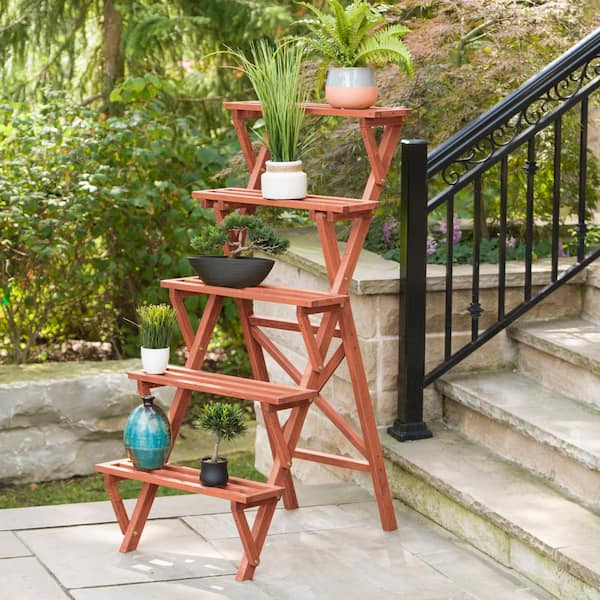 27 in. W x 36 in. D x 59 in. H Solid Wood Medium Brown Cypress 5-Tier Plant Stand