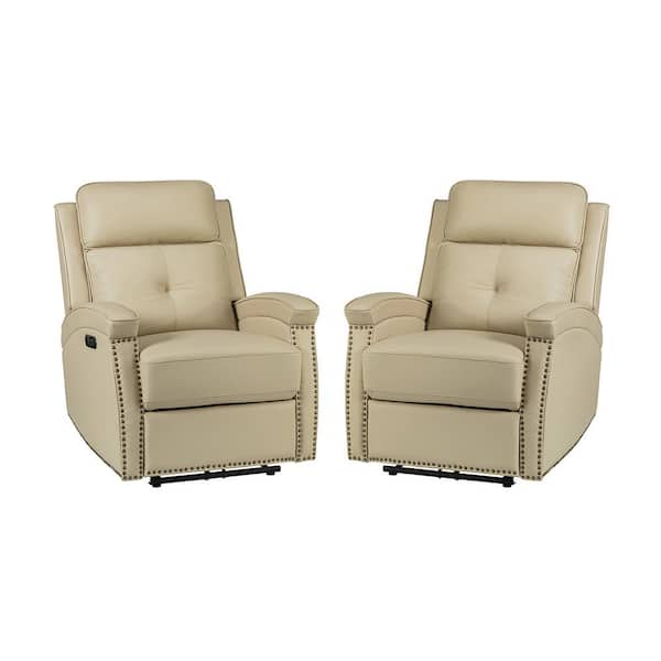 JAYDEN CREATION Hermann Beige Genuine Leather Power Recliner With Bronze Nailhead Trim Set of 2