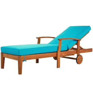 1 Piece Wood Outdoor Chaise Lounge with Wheels and Sliding Cup Table in Blue Cushion