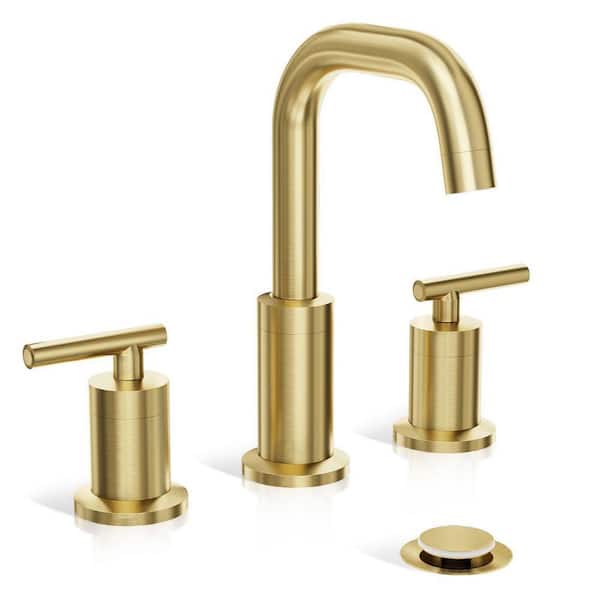 8 in. 3-Hole 2-Handle Waterfall Widespread Brushed Gold Bathroom Sink Faucet with Metal Pop-Up Drain