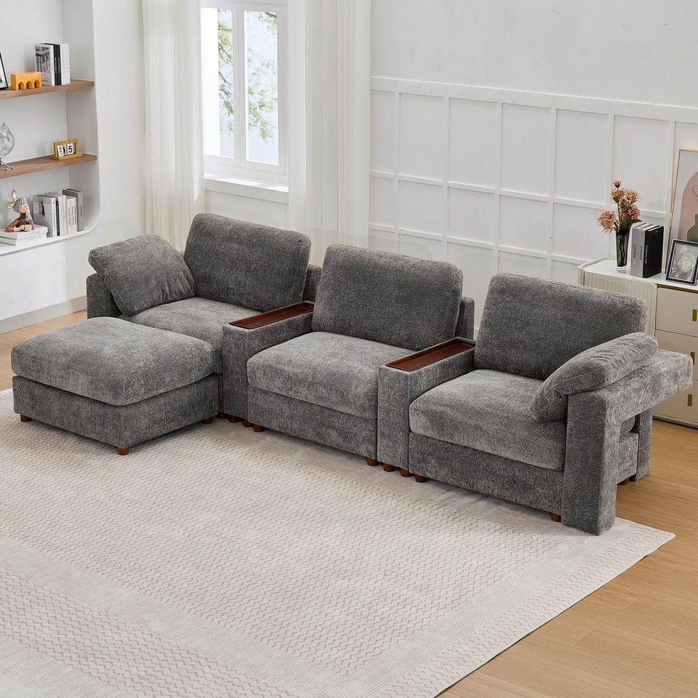 Seafuloy 138 in. Straight Arm 4-Piece Chenille Oversized Modular