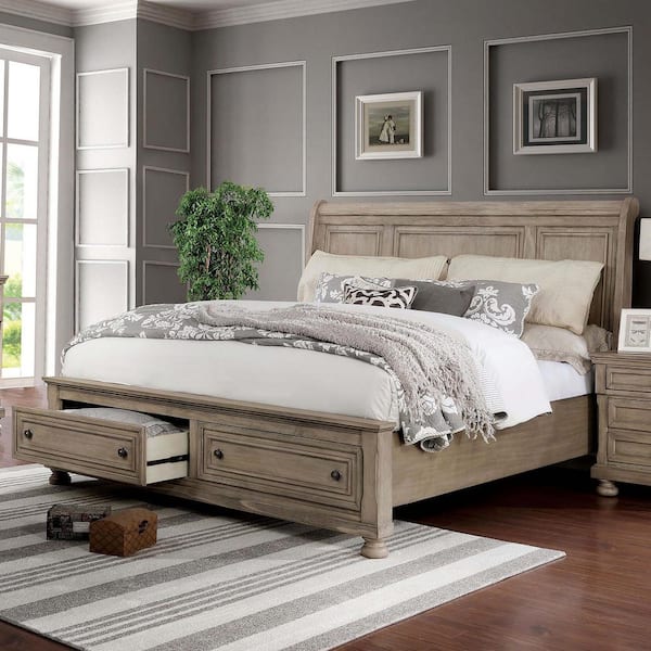 Furniture of America Kapriella Gray Wood Frame Queen Platform Bed with 2-Foot Drawers