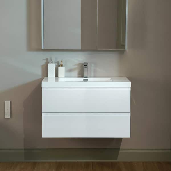 WOODBRIDGE NJ 35.4 in. W x 19.6 in. D x 22.5 in. H Single Sink Floating Bath LED Vanity in White with White Resin Top