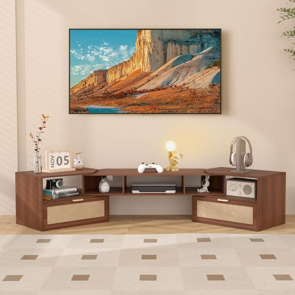 ATHMILE Walnut 78.74 in. Wood Swivel TV Stands Entertainment Center up to 75 in.
