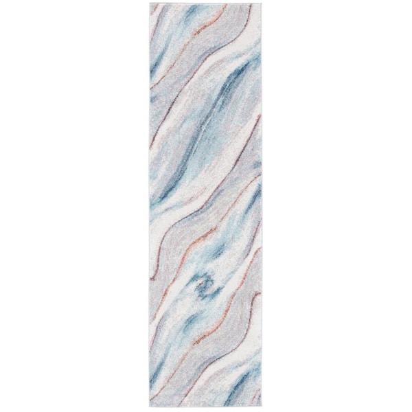 Phoenix 2 ft. x 10 ft. Ivory/Blue Wavy Marble Runner Rug
