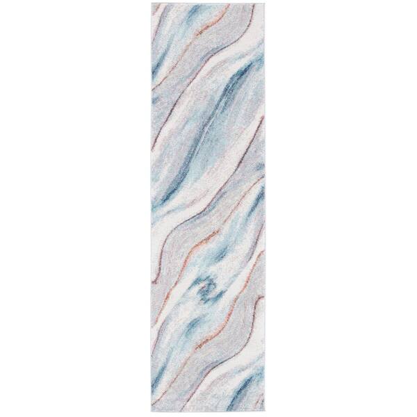 Phoenix 2 ft. x 8 ft. Ivory/Blue Wavy Marble Runner Rug