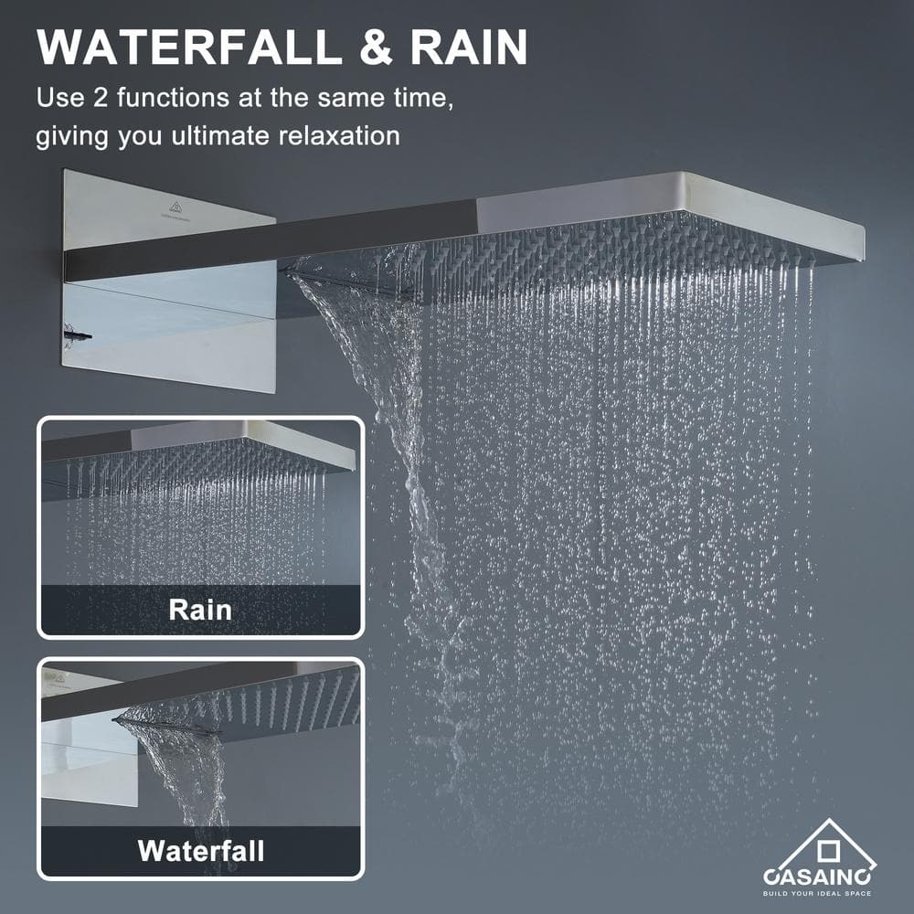 Chrome Dual-Function Wall Mounted Rainfall Shower System with Body Jets