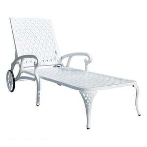 White Adjustable Height Cast Aluminum Outdoor Recliner Chair with Wheels Armchair