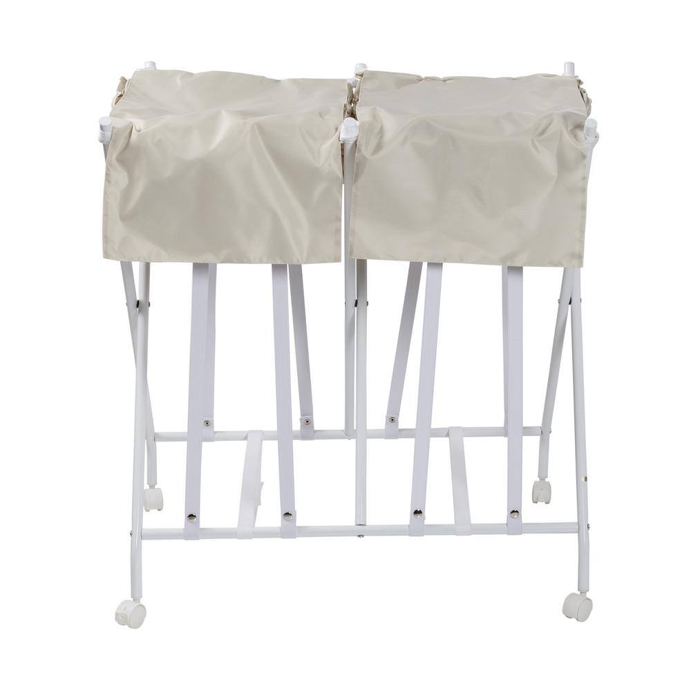 White and Natural Collapsible Double Laundry Hamper with Wheels