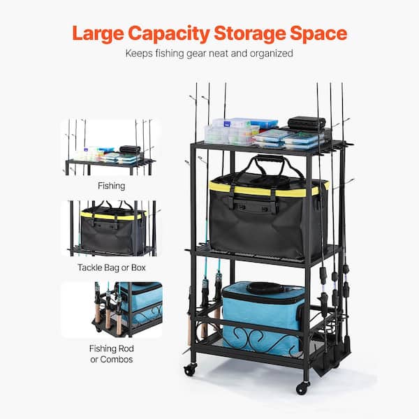 SKYSHALO Mobile Fishing Rod Rack for 10-Rods, Cart with Wheels, Gear Organizer for Garage, Tackle Box, Reel Storage