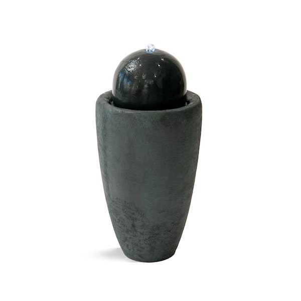 XBRAND 25.98 in. H Round Polyresin Waterfall Stone Textured Floor Fountain with LED Light, Garden Sphere Fountain, Dark Green