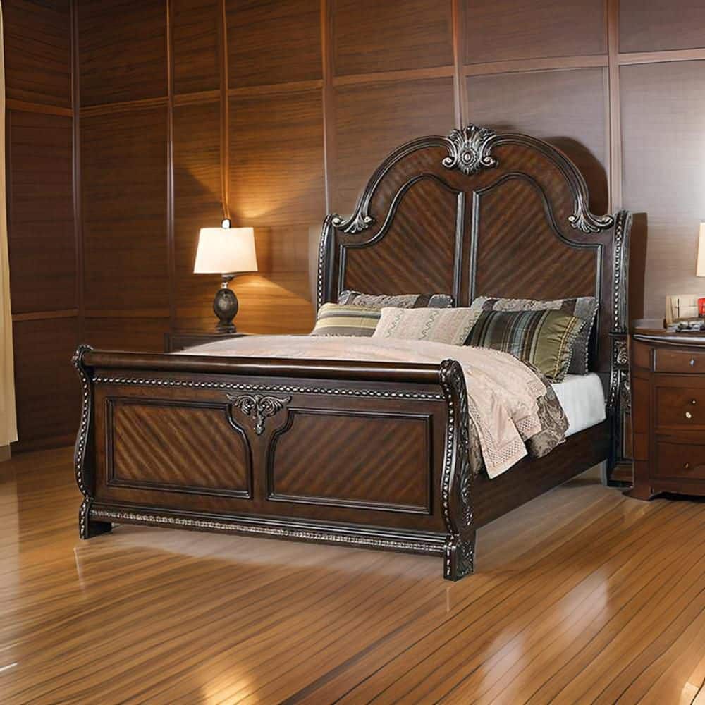 Qoz Dark Walnut Wood Queen Bed with Carved Scalloped Headboard