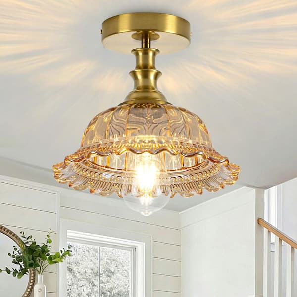 BeamHaven 3.74 in. Brushed Vintage Dome Semi-Flush Mount Ceiling Light w/ Amber Floral Glass for Kitchen Island Bedroom