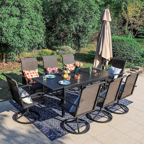 PHI VILLA 9-Piece Metal Rectangle Patio Outdoor Dining Set with Extensible Table and Swivel Chair
