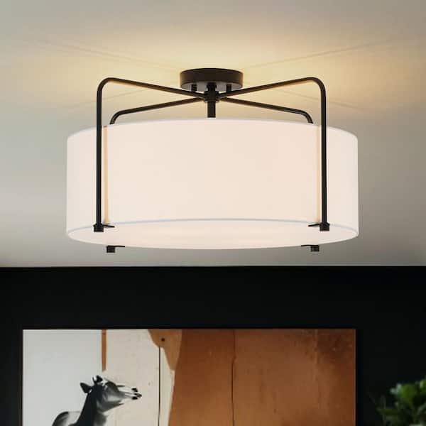 Haven 4-Light 22.8 in.W Matte Black Drum White Fabric Semi-Flush Mount Light for Foyer Living Room and Bedroom