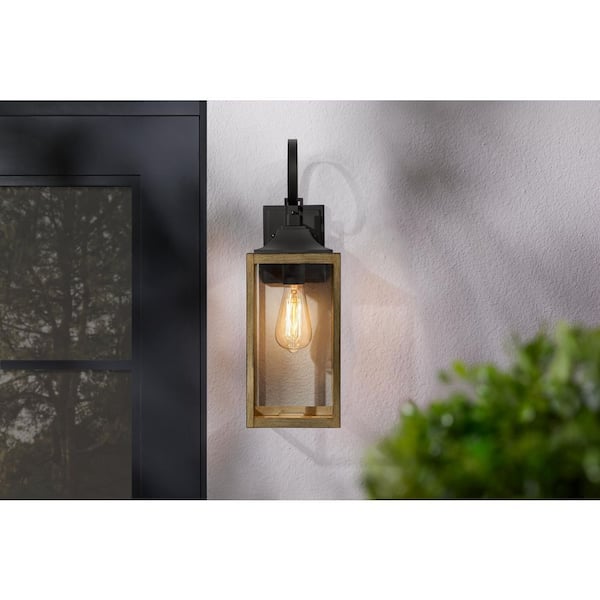 Havenridge 19 in. 1-Light Gray Wood Hardwired Outdoor Wall Light Lantern Sconce Light with Clear Glass (1-Pack)