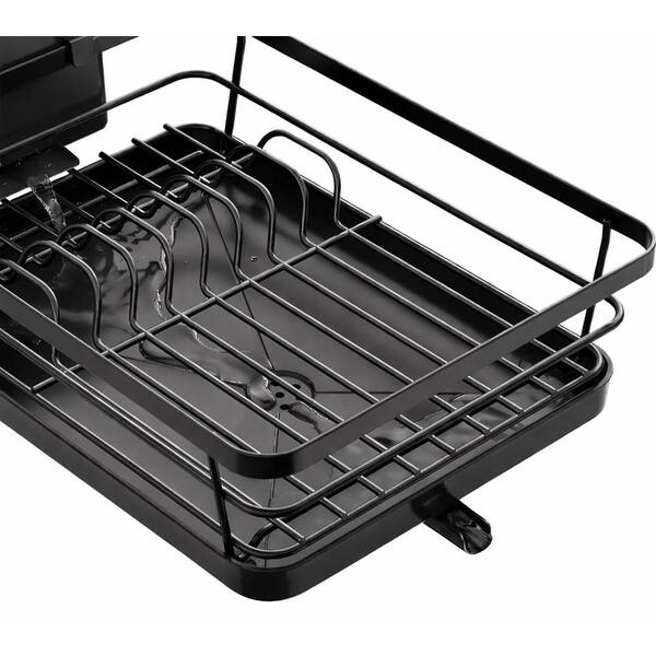 Black Stainless Steel Dish Drying Rack with Plastic Drainboard and Cutlery Holder for Kitchen Sink Organization