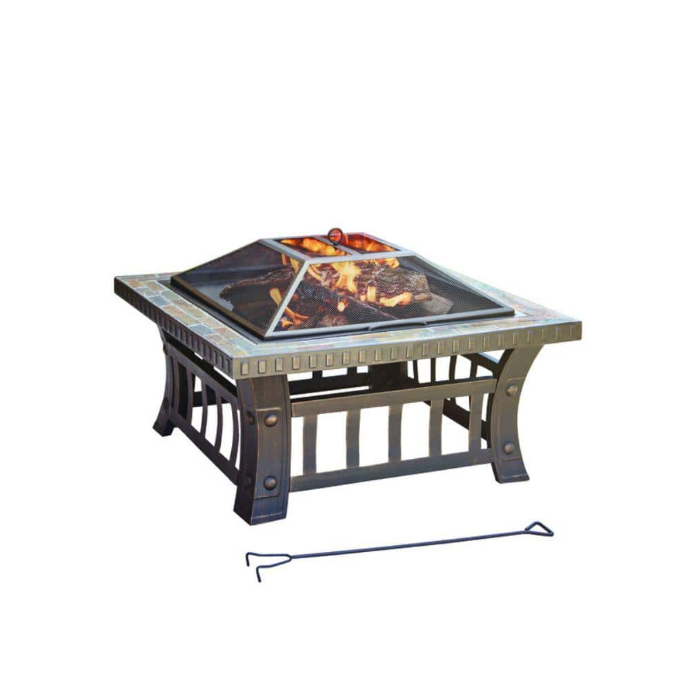 Bronze Steel Square Wood Fire Pit with Slate Top
