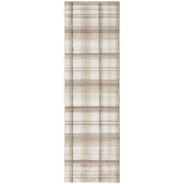 12' Ivory Plaid Power Loom Runner Rug