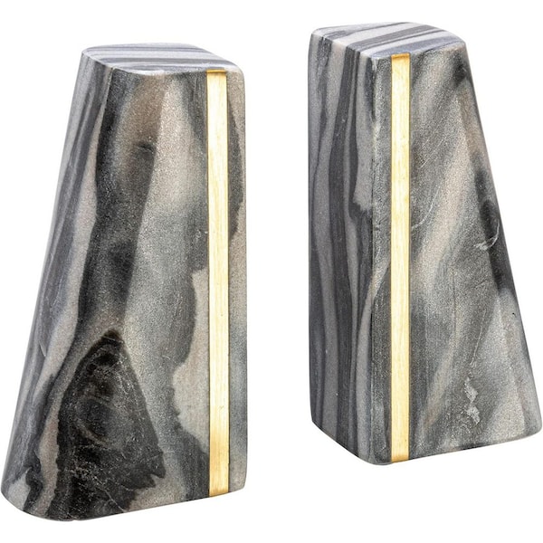 Unbranded 6 in. H Modern Marble Bookends with Brass Detail, Set of 2, Grey