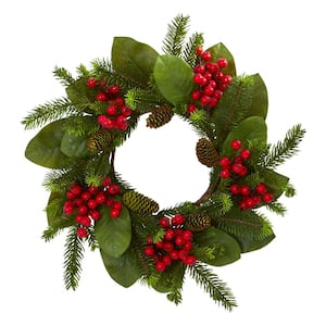 19in. Artificial Unlit Artificial Holiday Wreath with Magnolia Leaf, Berry and Pine