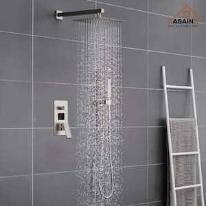 1-Spray Patterns with 2.5 GPM 10 in. Wall Mount Dual Shower Heads with Digital Display in Brushed Nickel