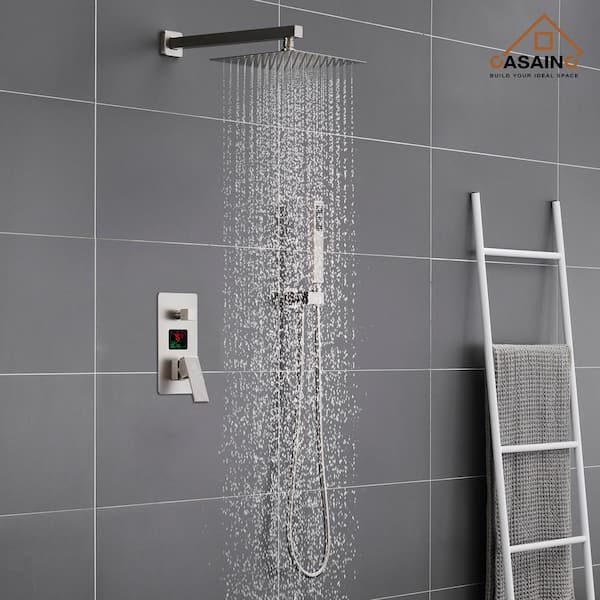 1-Spray Patterns with 2.5 GPM 10 in. Wall Mount Dual Shower Heads with Digital Display in Brushed Nickel