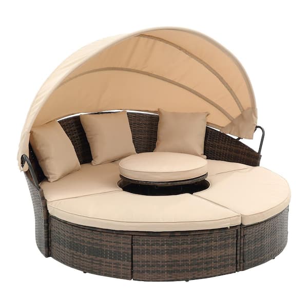 Sudzendf Brown Rattan Wicker Steel Frame Outdoor Sectional Daybed Sunbed with Retractable Canopy and Beige Cushions